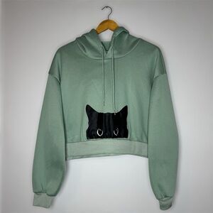 SHEIN Mint Green Hoodie with Black Cat Design